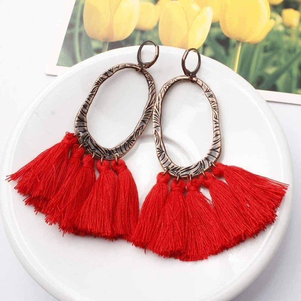 Bronze Tassel Earrings – Red